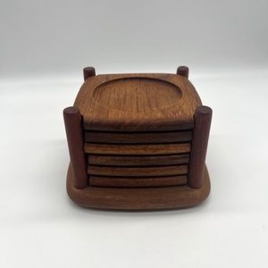 Vintage Set of 6 Coasters Wooden with Holder Retro Midcentury ~ B & M ~ Thailand